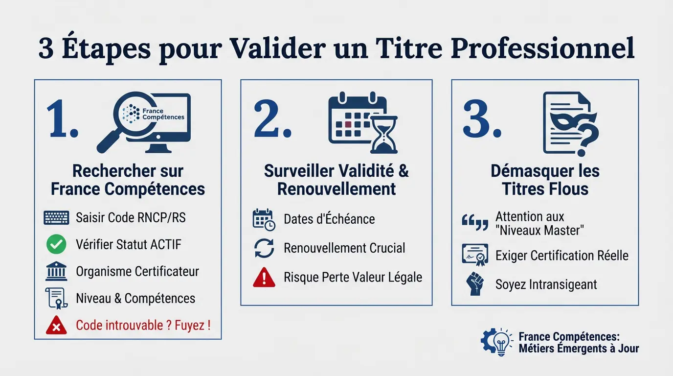 Infographie expliquant la procédure de vérification d'un titre professionnel sur le portail France Compétences