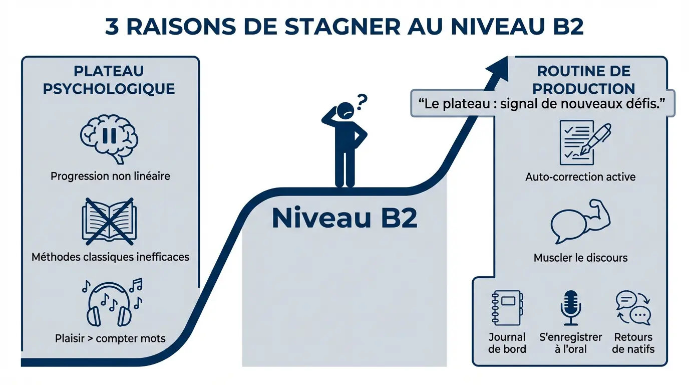 Graphique illustrant le plateau de progression entre le niveau B2 et C1 en anglais