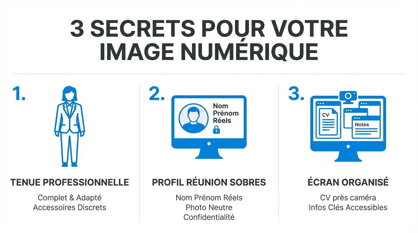 Candidat soignant son image numérique lors d'un entretien en visioconférence professionnelle