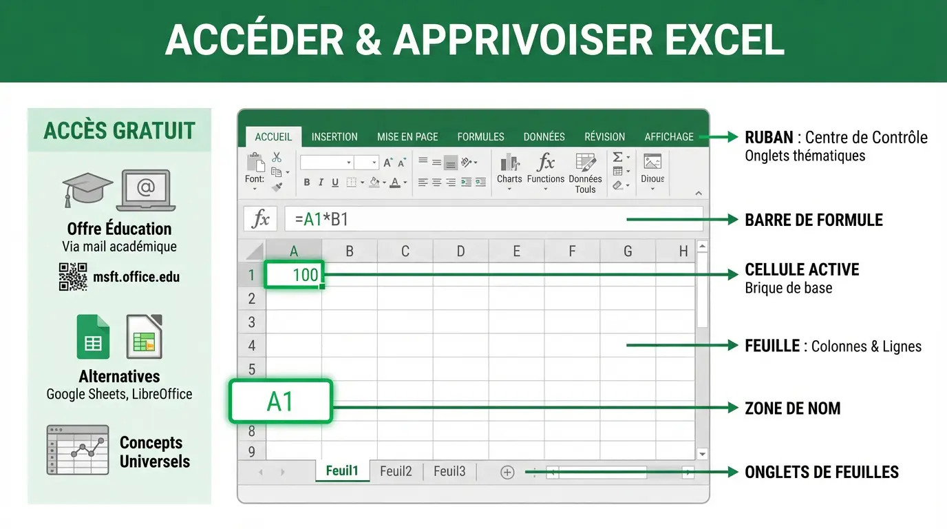 Interface d'Excel avec mise en avant du ruban et des cellules pour étudiants