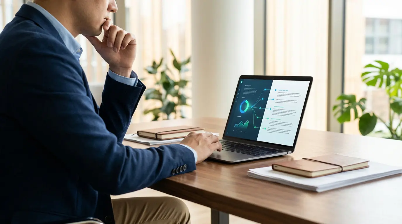 Homme en costume, pensif, devant un laptop affichant graphiques et texte. Il prépare une communication écrite professionnelle.