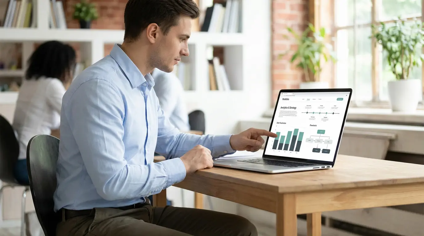 Un jeune homme en chemise bleue pointe un tableau de bord analytique sur un ordinateur portable, montrant des graphiques et des stratégies. Une femme est en arrière-plan.