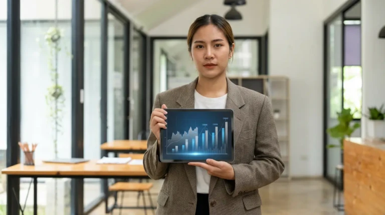 Jeune professionnelle asiatique tenant une tablette avec un graphique financier, dans un bureau moderne et lumineux.