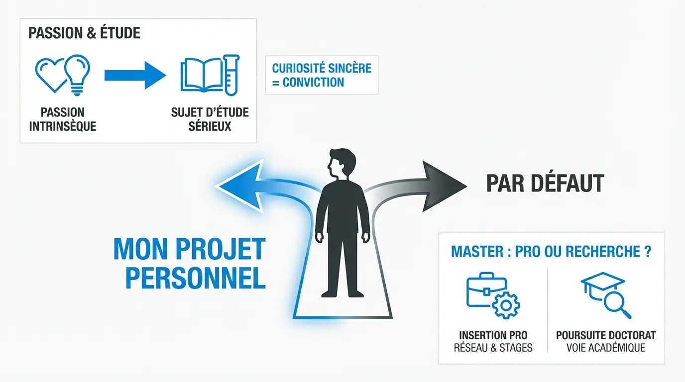 Illustration d'un étudiant face à un carrefour d'orientation entre projet personnel et choix par défaut