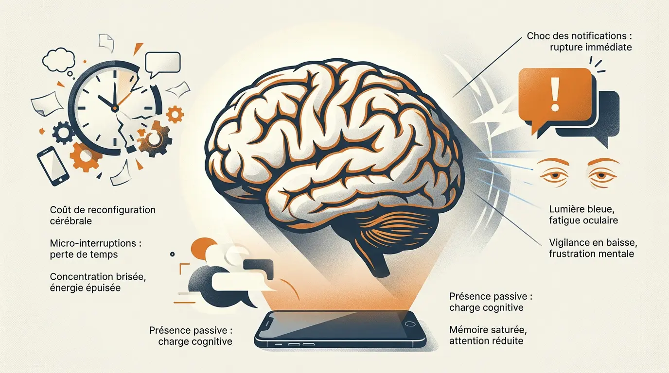Illustration d'un cerveau sous tension à cause des notifications de smartphone