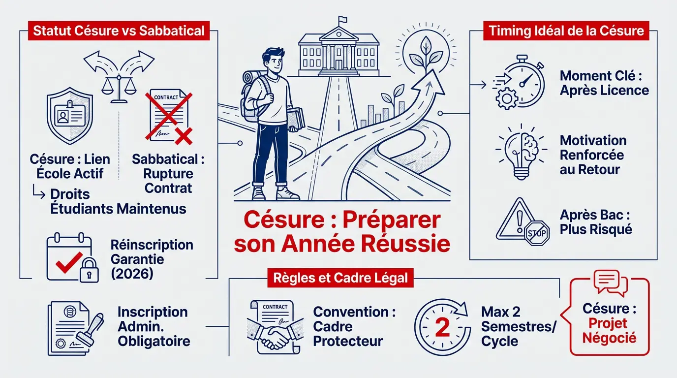 Étudiante souriante préparant son projet d'année de césure avec un sac à dos