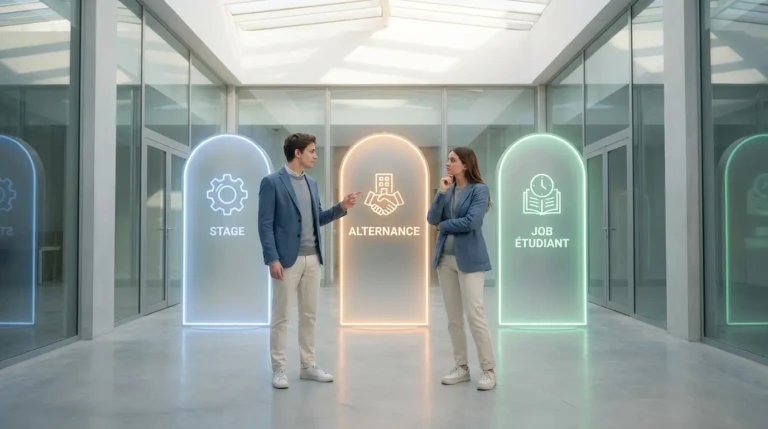 Deux jeunes adultes devant des panneaux lumineux indiquant 'Stage', 'Alternance' et 'Job étudiant'. L'homme pointe l'alternance, la femme réfléchit.