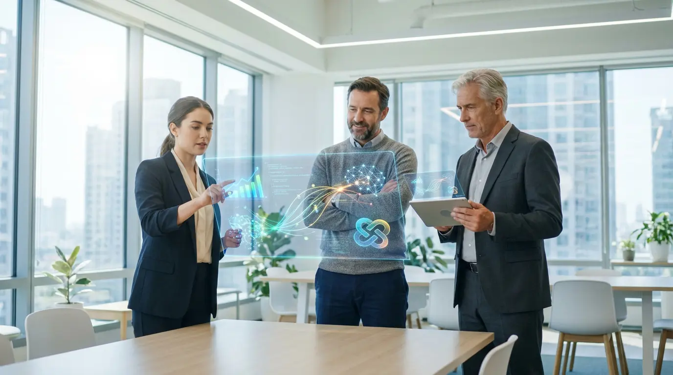 En réunion, une femme et deux hommes étudient une projection holographique de données et graphiques pour identifier des compétences clés.