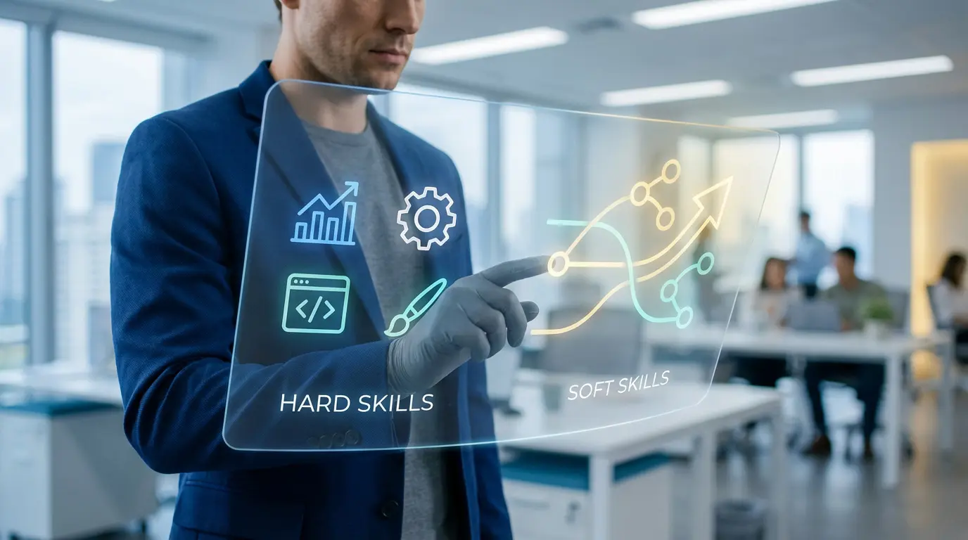 Homme interagissant avec un écran holographique montrant "HARD SKILLS" (icônes) et "SOFT SKILLS" (schéma) dans un bureau moderne.