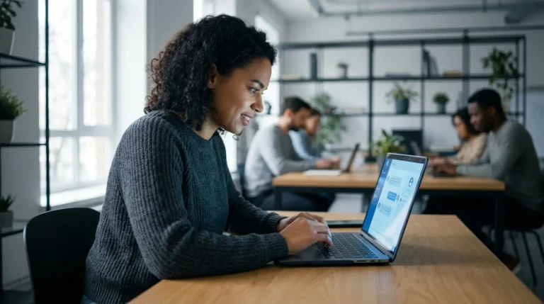 Femme souriante tapant sur un ordinateur portable dans un bureau. L'écran affiche une interface de messagerie professionnelle.