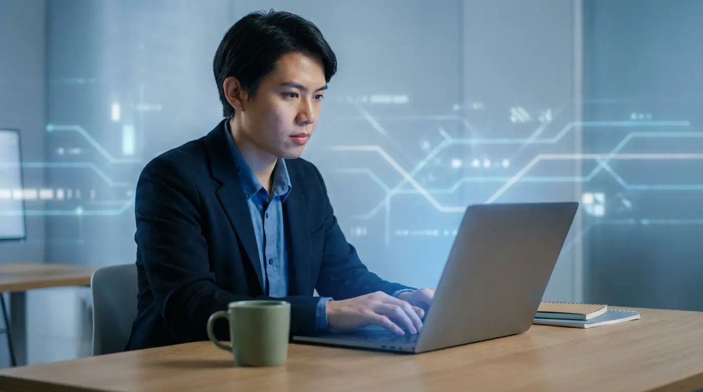 Homme asiatique en costume travaillant sur un ordinateur portable dans un bureau moderne avec des graphiques technologiques en arrière-plan.