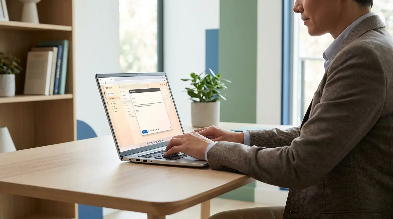 Une personne tape un e-mail de relance sur un ordinateur portable dans un bureau lumineux.
