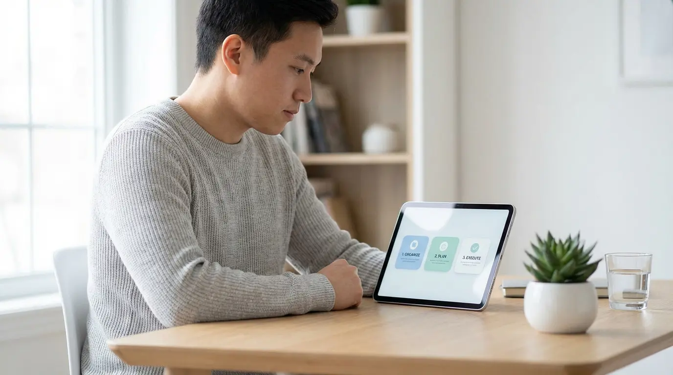 Homme asiatique en pull gris regardant une routine en 3 étapes (organiser, planifier, exécuter) sur une tablette.