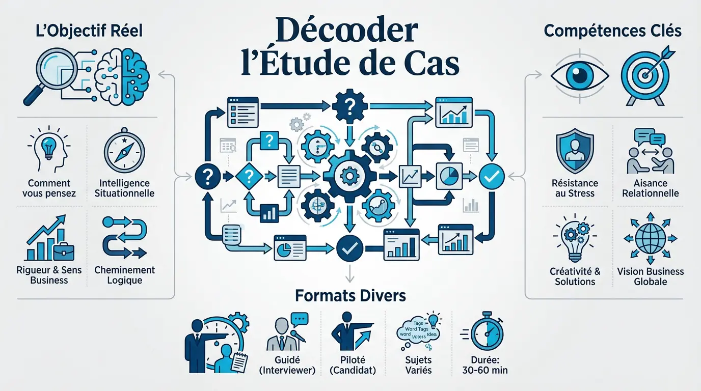 Illustration d'un candidat préparant une étude de cas pour un entretien de conseil en stratégie