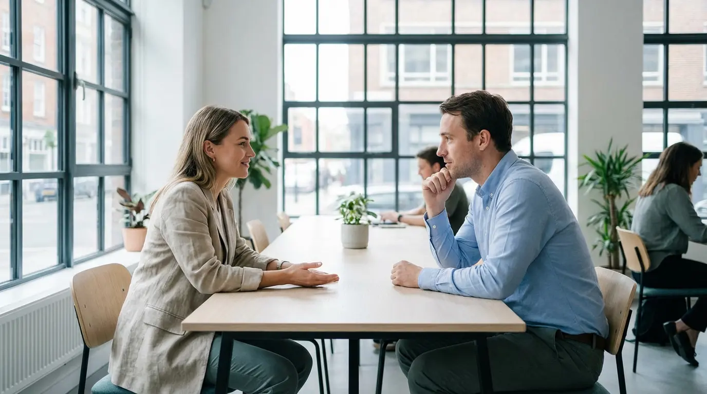 Un homme et une femme débattent calmement autour d'une table dans un espace de travail ouvert et ensoleillé.