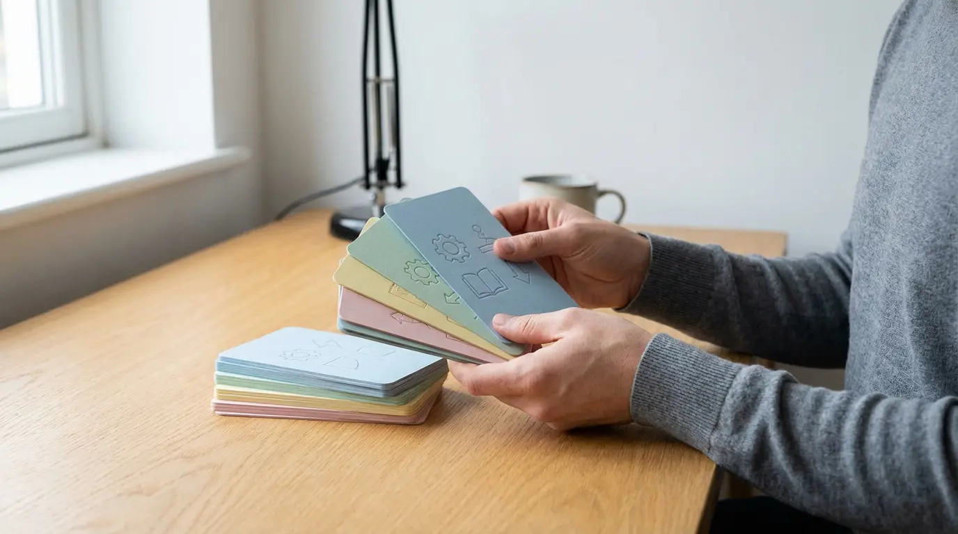 Gros plan sur les mains d'une personne tenant un éventail de flashcards colorées avec des icônes. Une pile de cartes est sur la table en bois.