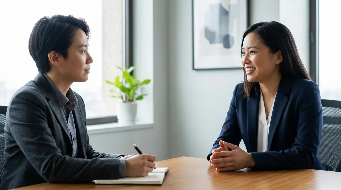 Un homme prenant des notes face à une femme souriante lors d'un entretien professionnel en bureau moderne.