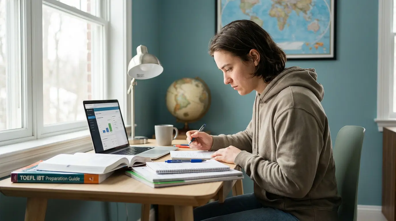Jeune étudiant concentré, écrivant à son bureau avec un ordinateur portable, des livres dont un guide TOEFL, et une carte du monde en arrière-plan.