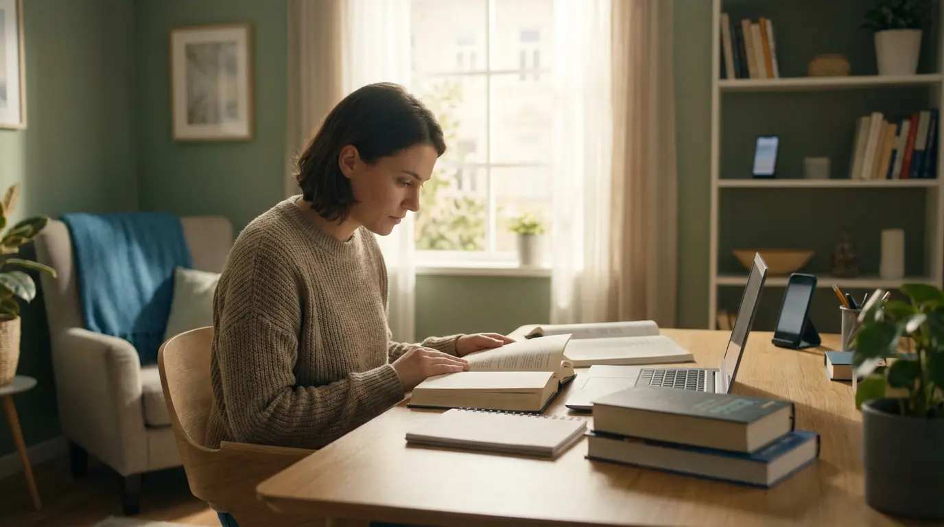 Femme étudiante concentrée sur un livre à un bureau en bois, entourée de livres, ordinateur et téléphones mis de côté.
