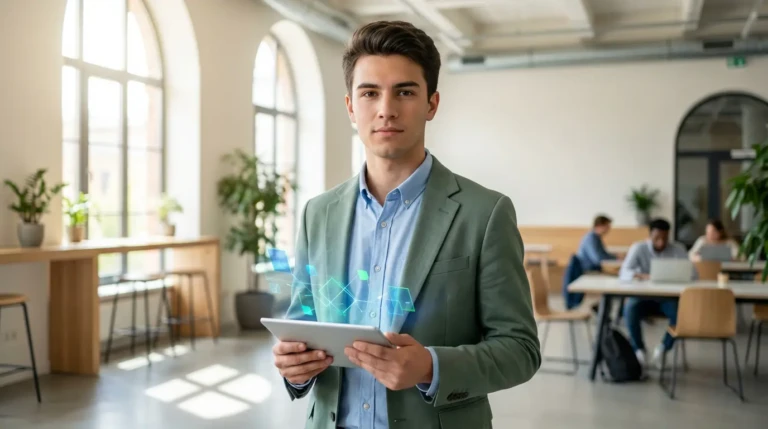 Jeune homme en blazer vert tenant une tablette avec projections numériques futuristes dans un espace de travail moderne et lumineux.