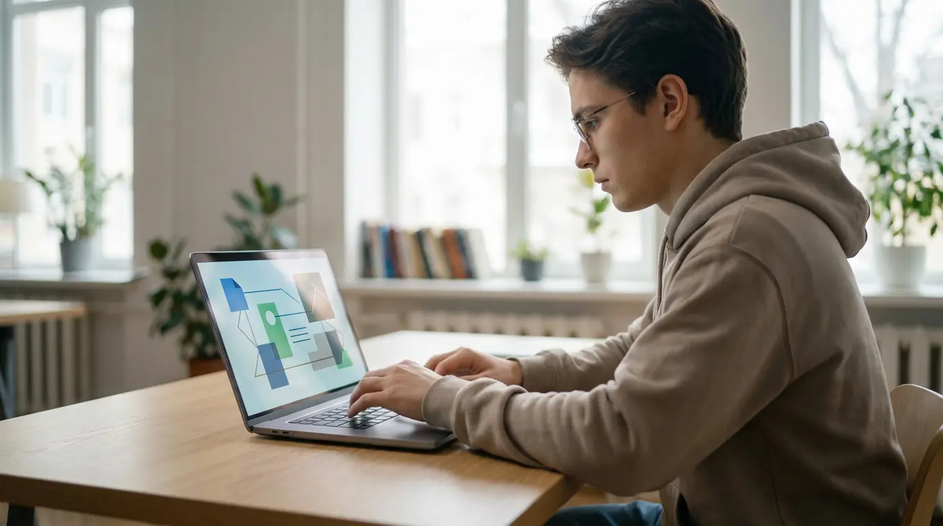Un étudiant en pull à capuche et lunettes utilise son ordinateur portable pour adapter son CV. L'écran montre une interface de gestion de documents.