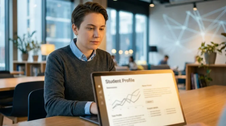 Jeune personne devant son laptop affichant un "Student Profile", travaillant à optimiser son profil LinkedIn dans un bureau moderne et lumineux.