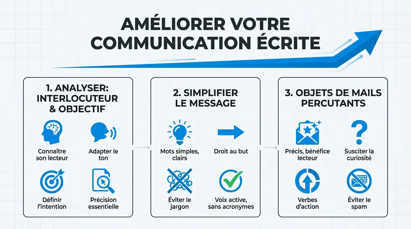 Infographie présentant les piliers pour améliorer sa communication écrite en entreprise