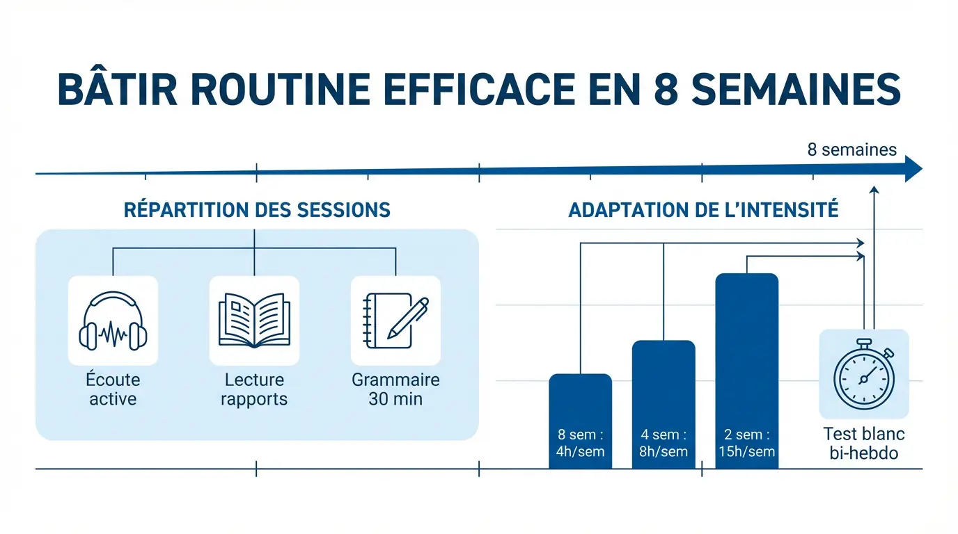 Infographie détaillant la routine de révision TOEIC sur 8 semaines