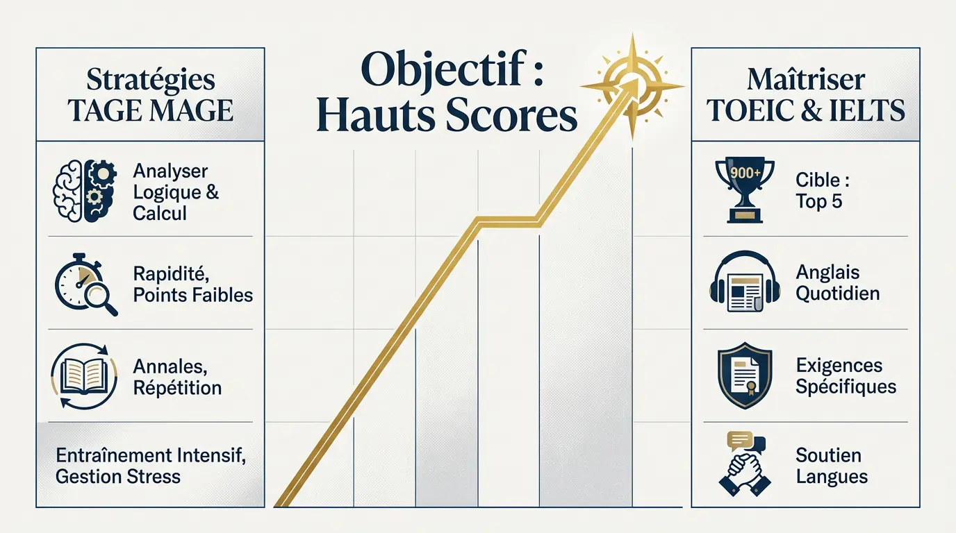Infographie sur la préparation des scores TAGE MAGE et TOEIC pour les admissions parallèles