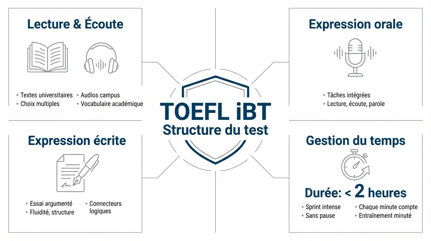 Infographie détaillant la structure des épreuves du TOEFL iBT