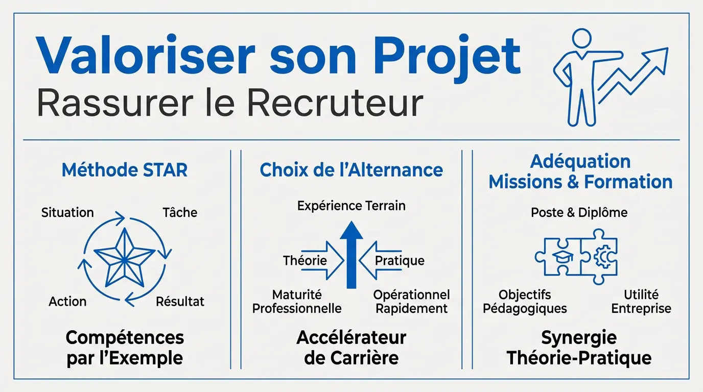 Infographie expliquant comment valoriser son projet et ses compétences en entretien d'alternance