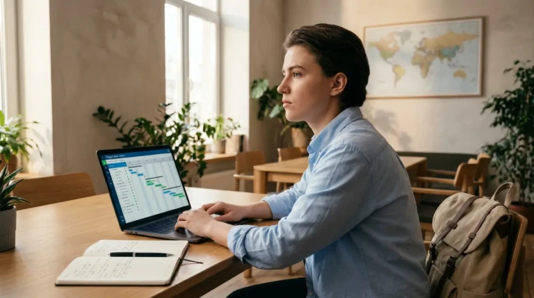 Jeune personne concentrée sur un laptop affichant un plan de projet, avec un carnet et un stylo, une carte du monde en fond.