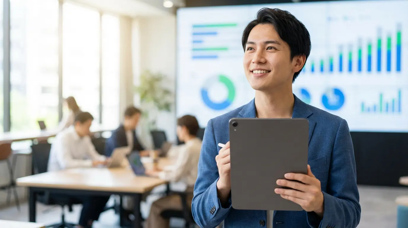Jeune homme asiatique souriant avec une tablette et un stylet dans un bureau moderne. Des graphiques sont sur un grand écran en arrière-plan.