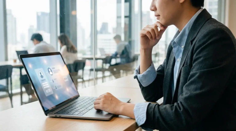 Un jeune homme pensif devant son ordinateur portable affichant des profils, dans un bureau moderne et lumineux.