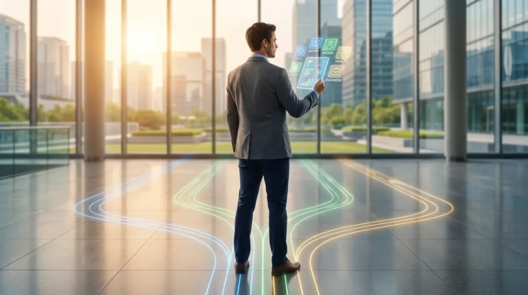 Homme sélectionne des options de carrière sur un écran holographique, chemins lumineux au sol, ville moderne en fond.