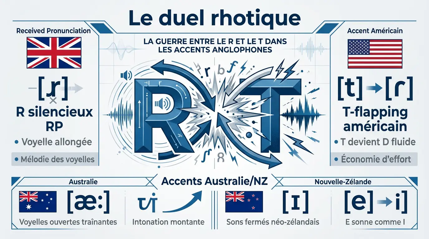 Comparaison visuelle des accents rhotiques et non-rhotiques en anglais