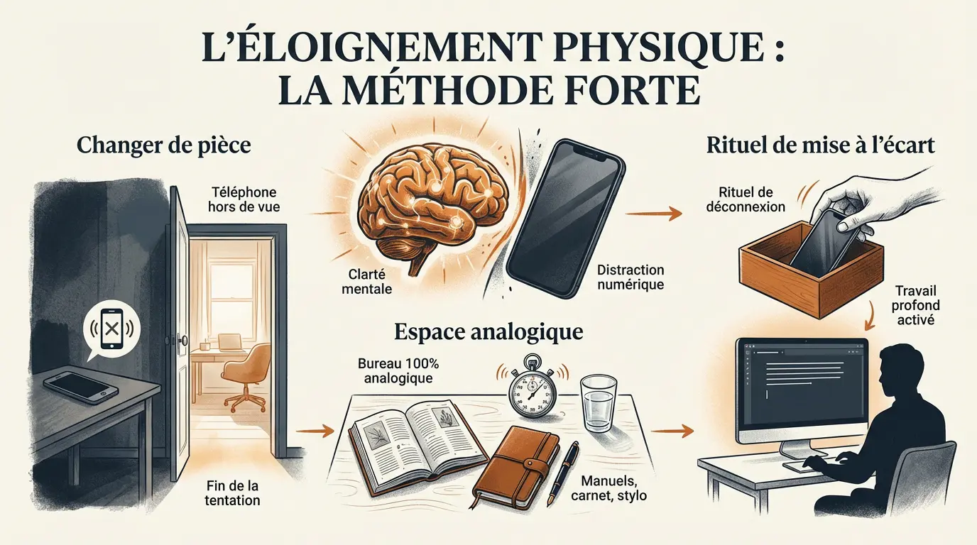 Bureau d'étudiant épuré avec manuels et carnet sans smartphone