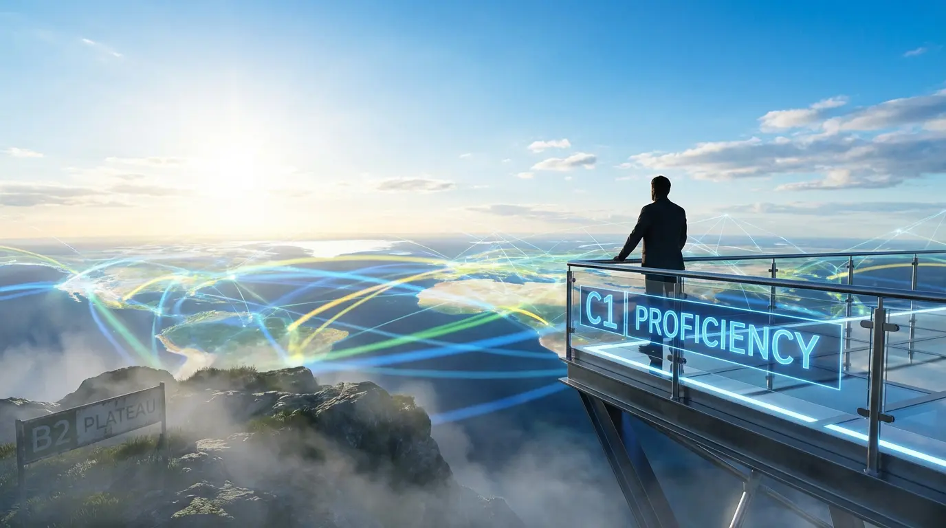 Un homme sur une plateforme "C1 Proficiency" contemple un paysage mondial, avec un panneau "B2 Plateau" en contrebas.