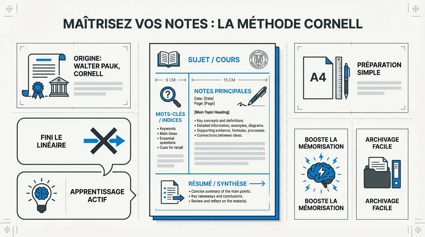 Schéma de la méthode Cornell pour organiser sa prise de notes sur une feuille A4