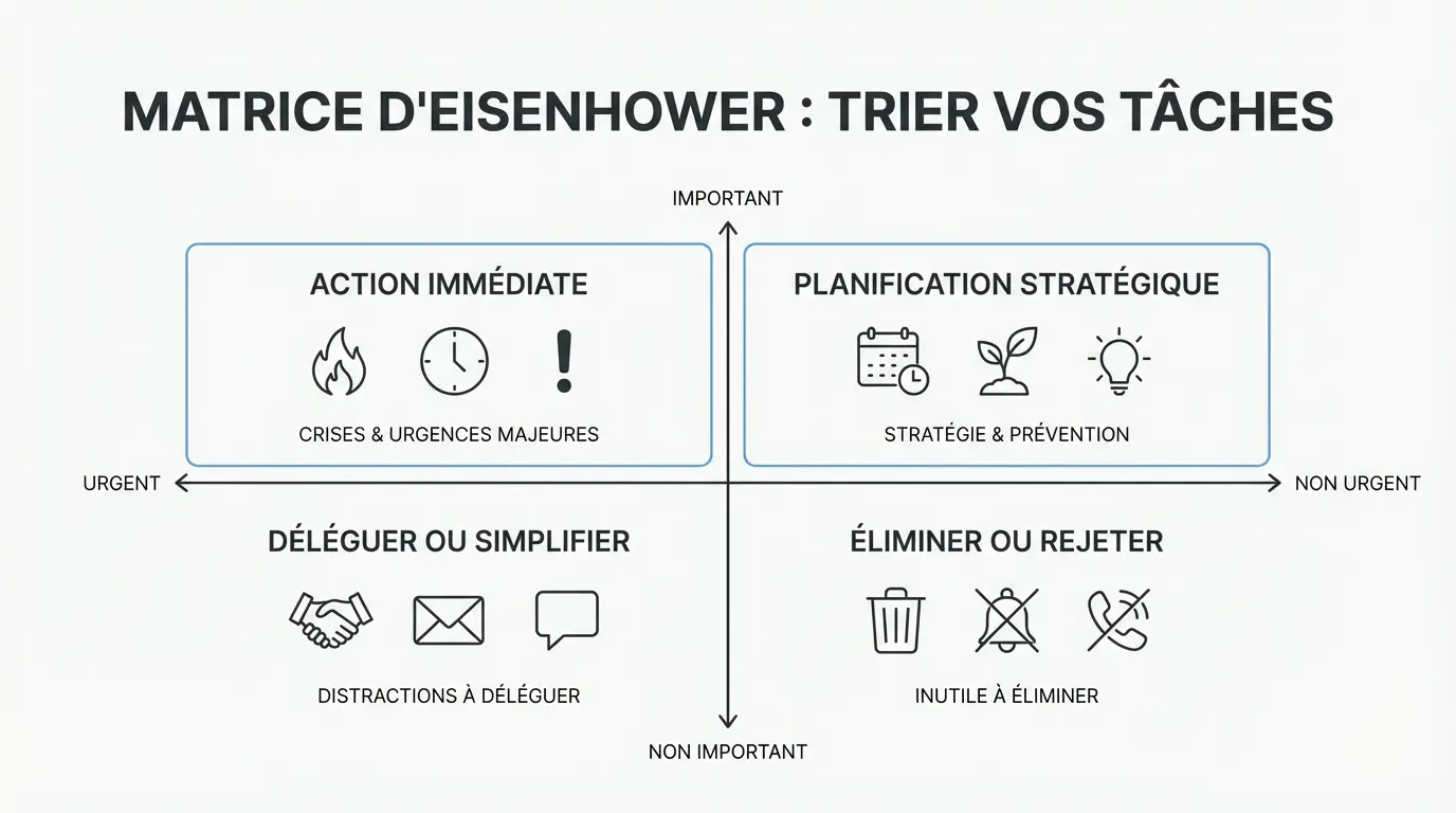 Schéma de la matrice d'Eisenhower pour trier les tâches selon l'urgence et l'importance