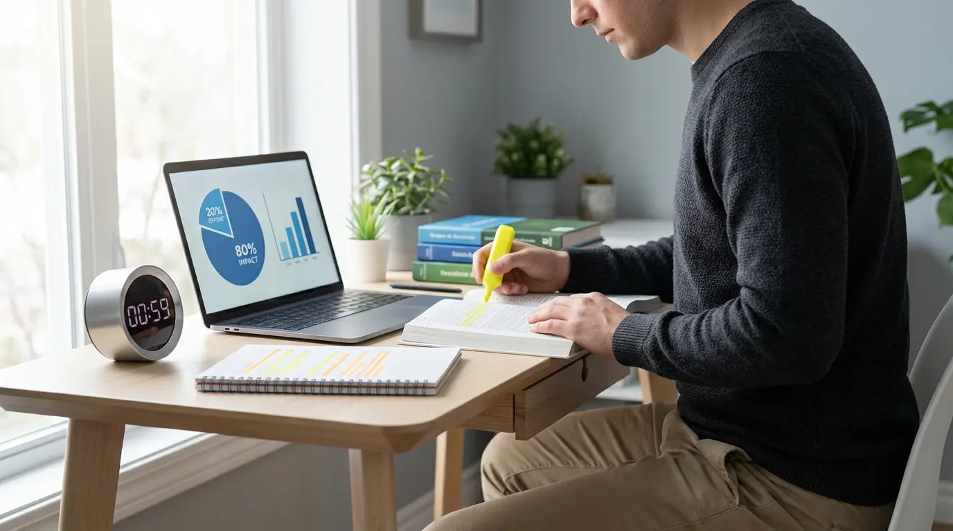 Homme étudiant à son bureau avec un surligneur, un ordinateur portable affichant des graphiques et un minuteur réglé à 59 minutes.