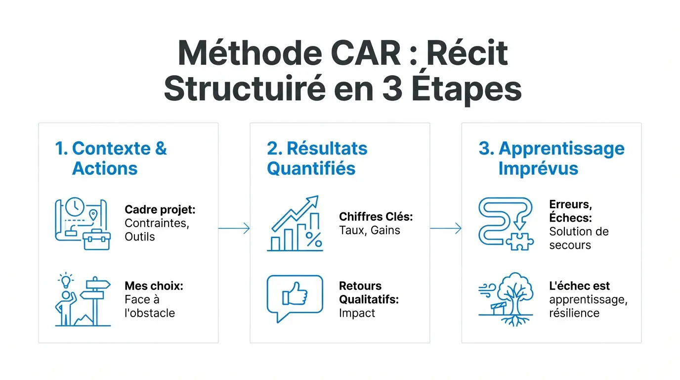 Schéma de la méthode CAR pour structurer un récit de projet étudiant en entretien