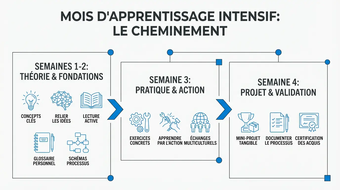 Schéma des étapes d'un mois d'apprentissage intensif