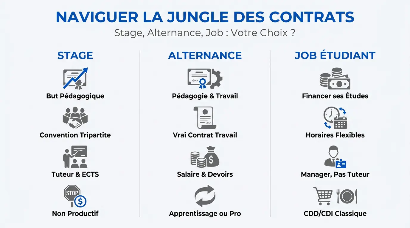Un étudiant qui hésite entre un stage, une alternance et un job étudiant pour son avenir