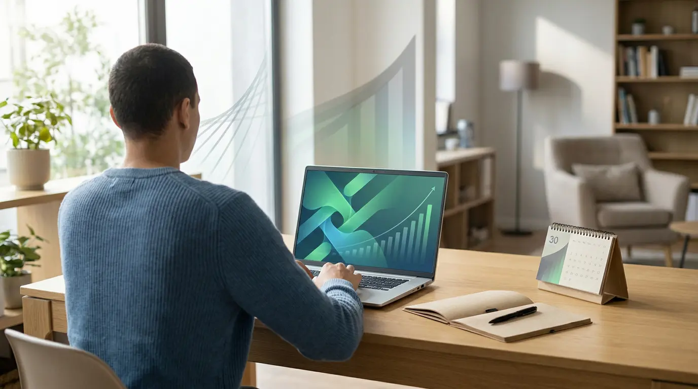 Homme vu de dos sur un laptop affichant des graphiques de progression. Calendrier « 30 » et carnet sur le bureau d'un bureau lumineux.