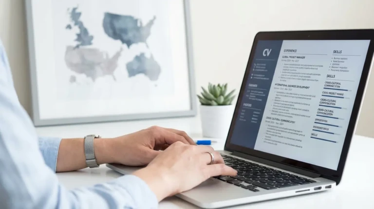 Mains tapant sur un clavier d'ordinateur portable, affichant un CV en anglais. Un cadre mural et une plante en pot sont à l'arrière-plan.