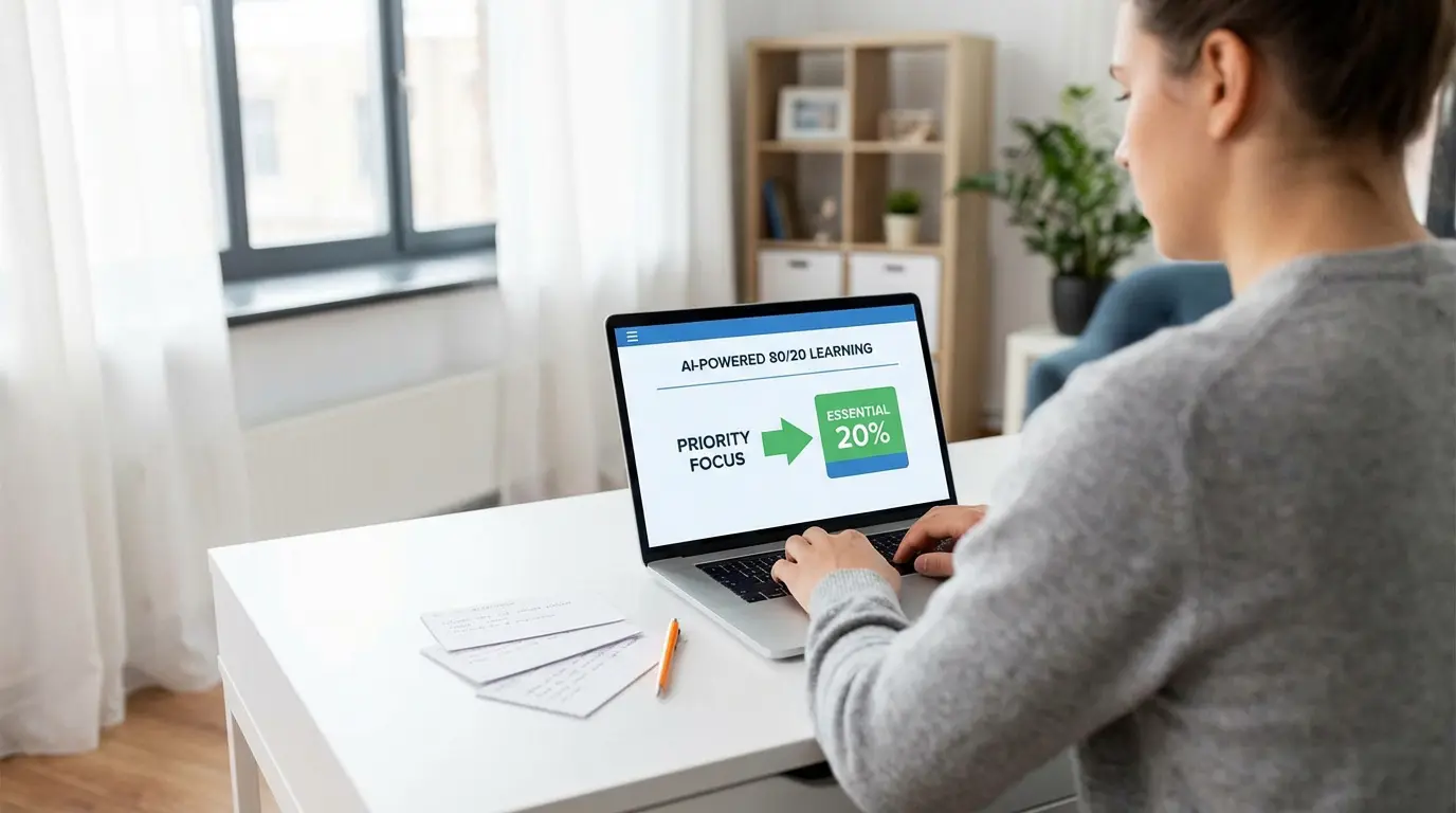 Personne tapant sur un PC portable avec écran "AI-POWERED 80/20 LEARNING", "PRIORITY FOCUS", "ESSENTIAL 20%". Fiches de révision à côté.