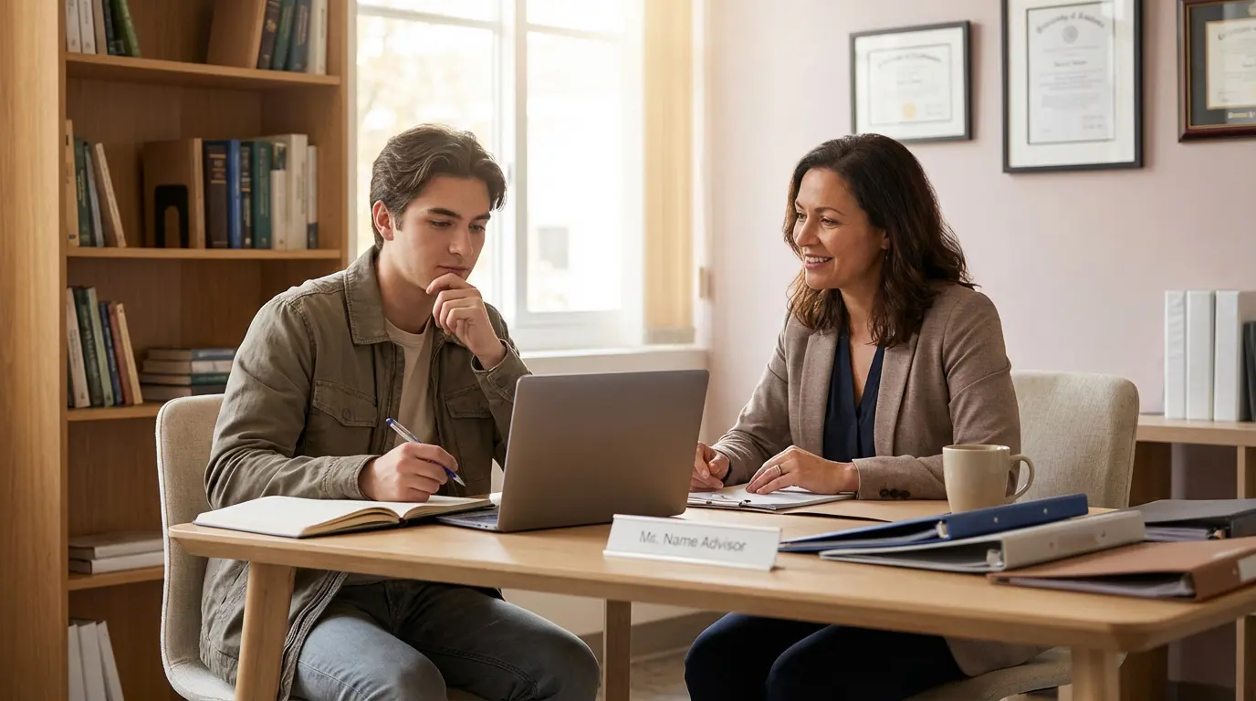 Étudiant en consultation d'orientation avec une conseillère souriante, prenant des notes devant un ordinateur.