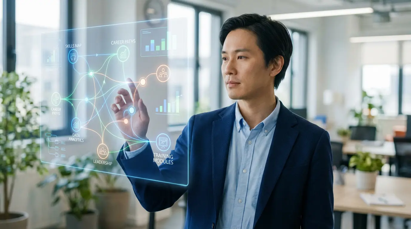 Un homme interagit avec un hologramme affichant une carte des compétences, des parcours de carrière et des modules de formation.