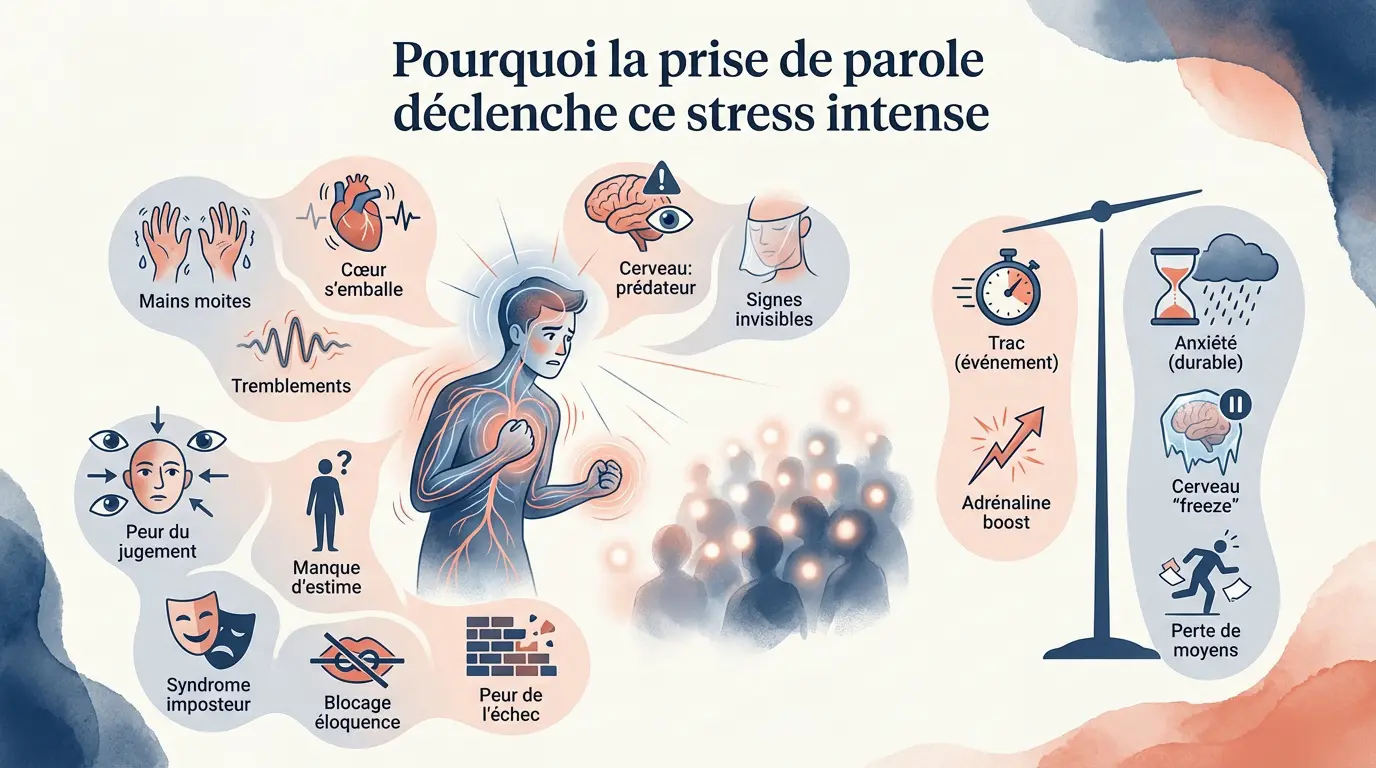 Un orateur stressé devant un micro symbolisant la peur de parler en public
